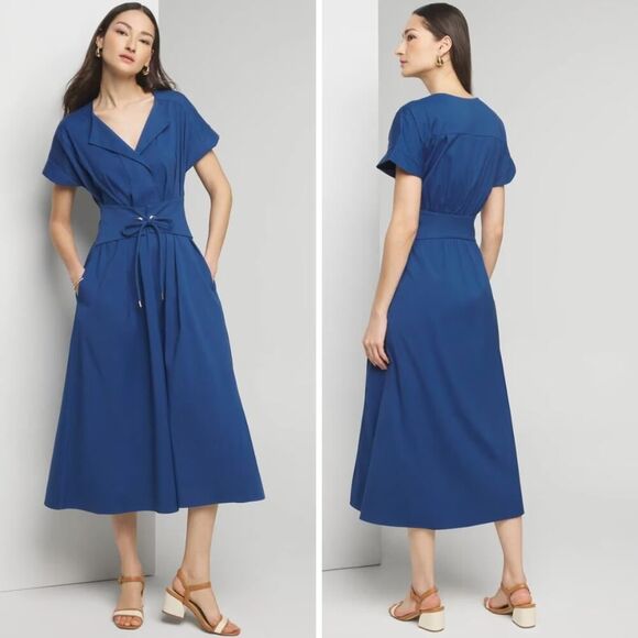 New! White House Black Market Short Sleeve Collar Poplin Midi Dress, size S - Picture 1 of 16